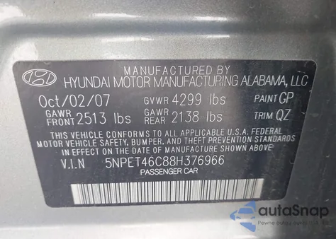 2008 Hyundai Sonata Gls из США, поврежденный, VIN 5NPET46C88H376966